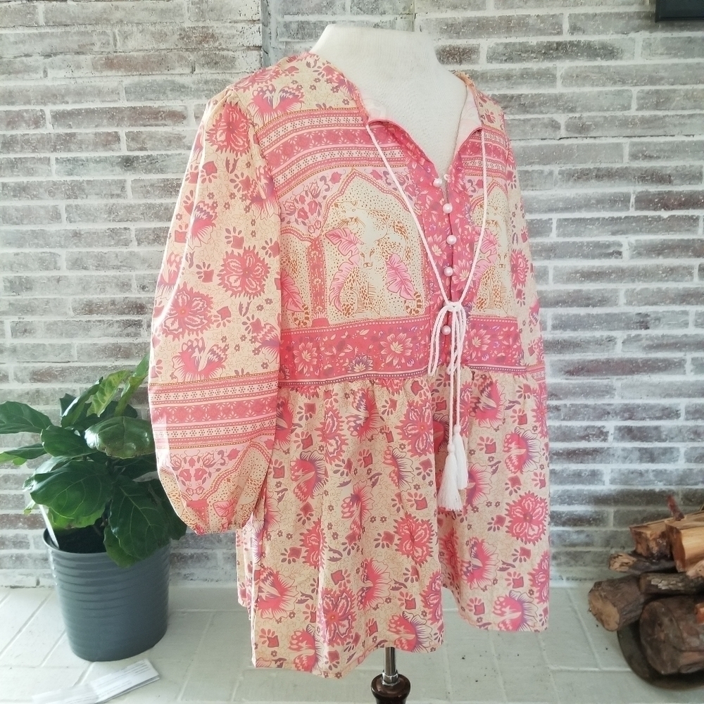 Bohemian Poinciana Blouse Blush Peasant Top wa - Picture 7 of 8